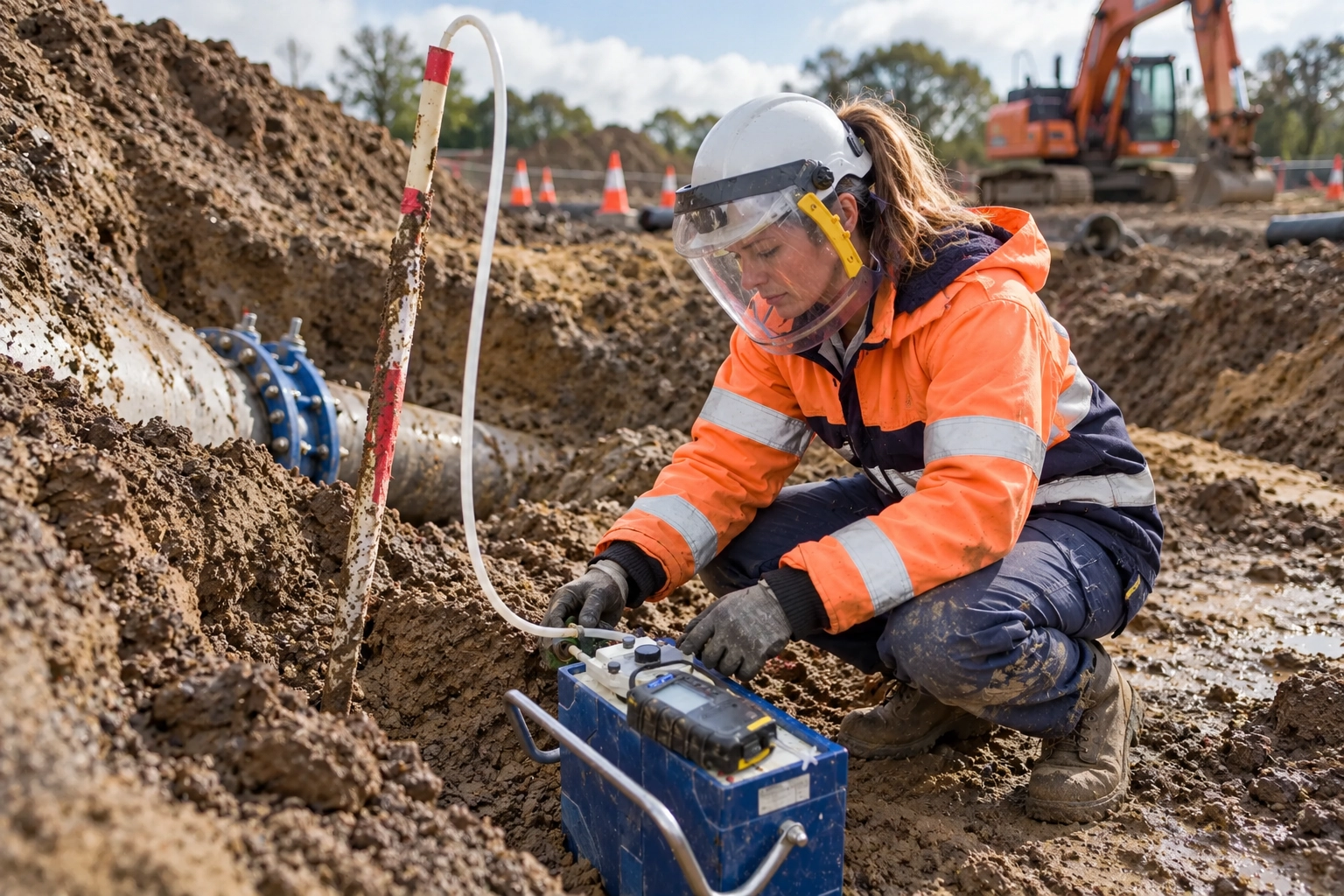 A technician in hi-vis taking a compliance sample beside an exposed pipe in an open excavation, an excavator behind