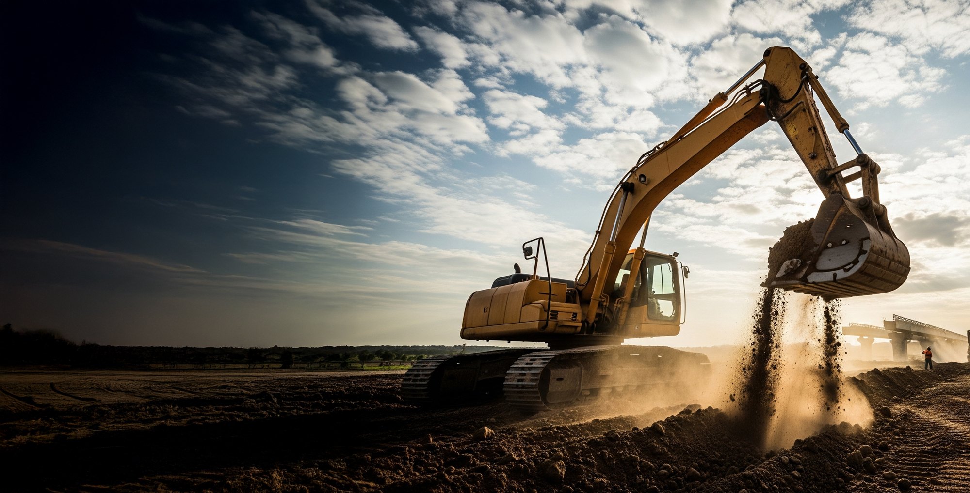An excavator discharging spoil at a bridge construction site at dusk