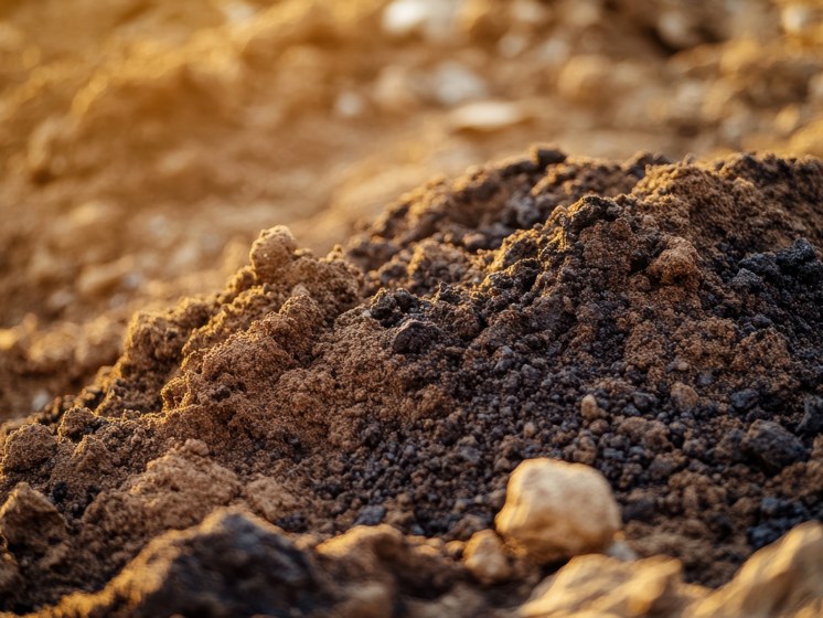 Close detail of screened aggregate and soil, graded by size