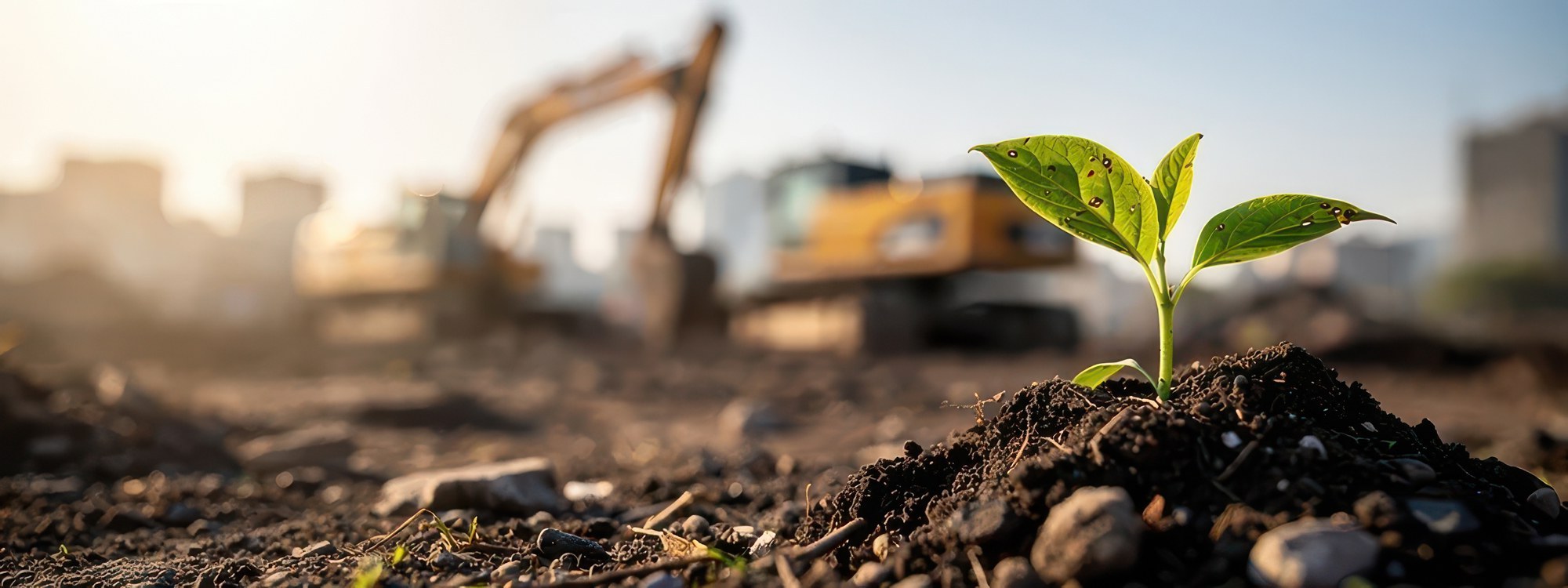 A seedling in recovered ground with an excavator working a demolition site behind