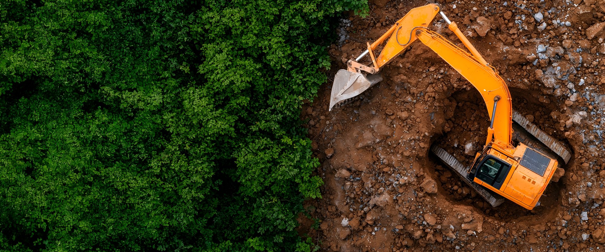 Aerial view of an excavator working exposed ground at the edge of dense tree canopy